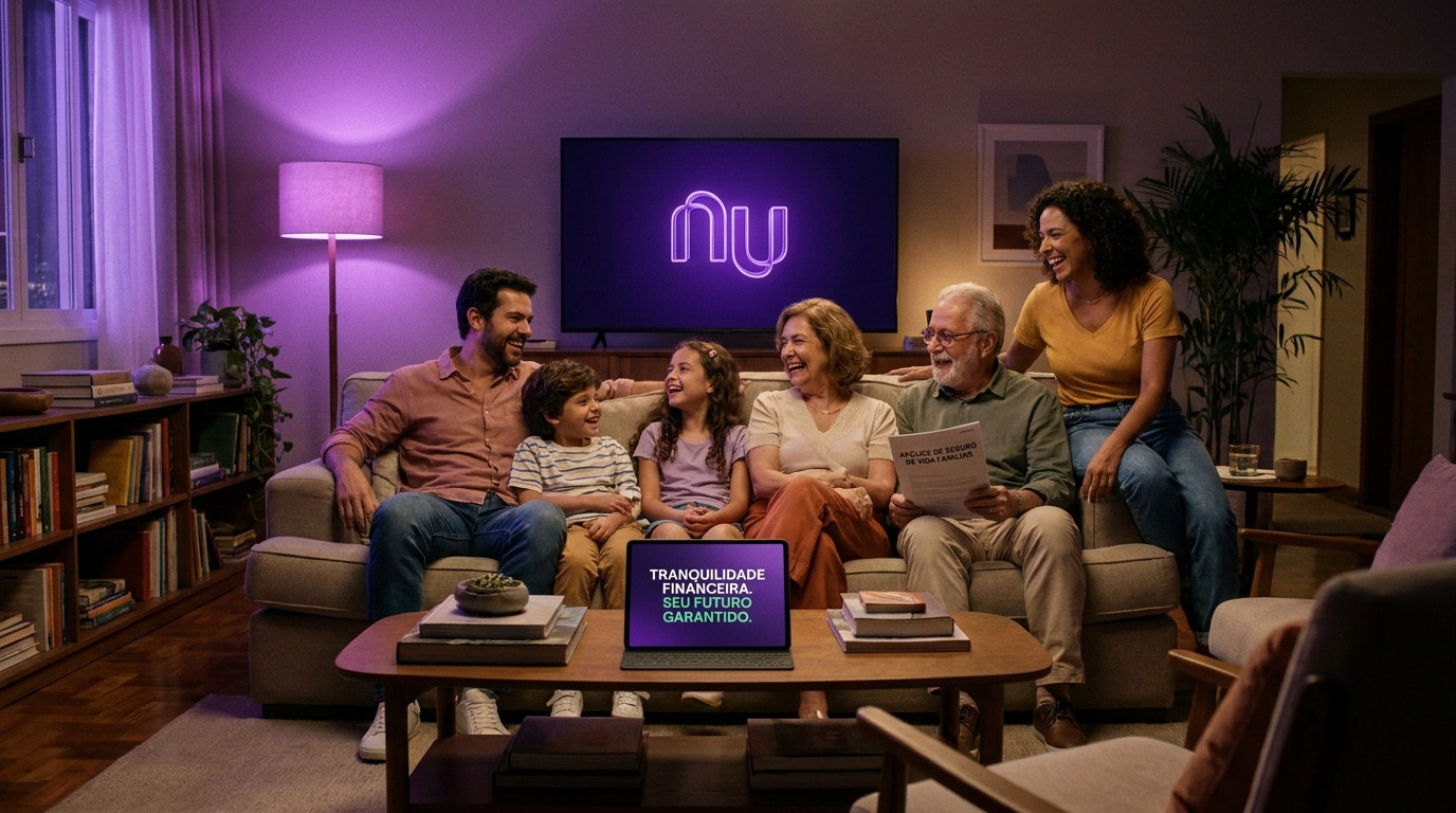 Família sorrindo em casa representando a proteção do seguro de vida Nubank