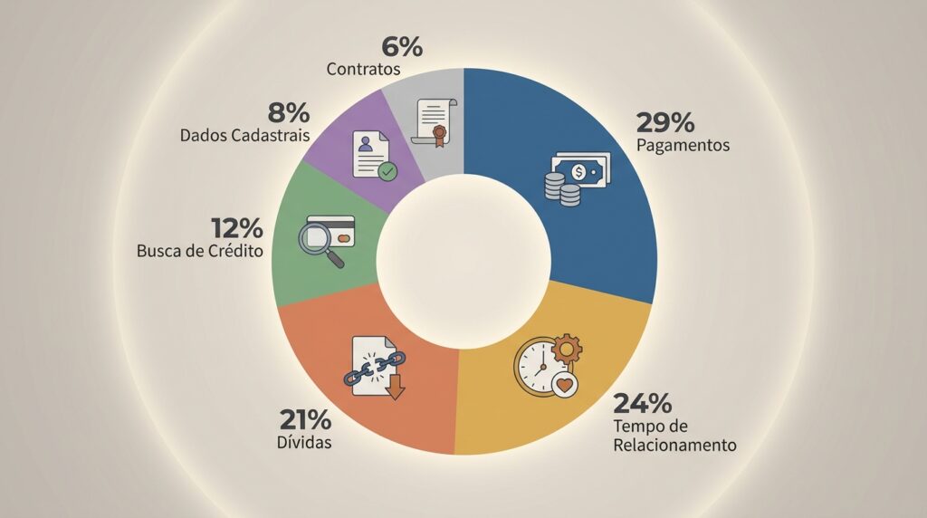 Infográfico com os seis fatores que compõem o cálculo do score de crédito e seus pesos