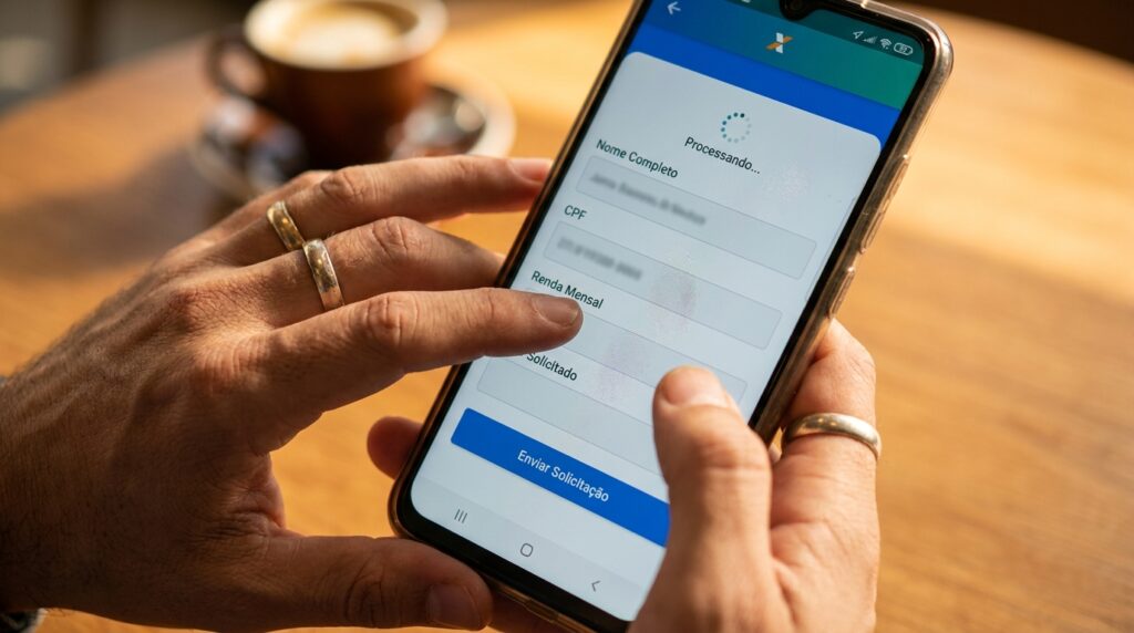 Mãos digitando em um celular durante o cadastro de um cartão de crédito em um aplicativo bancário.