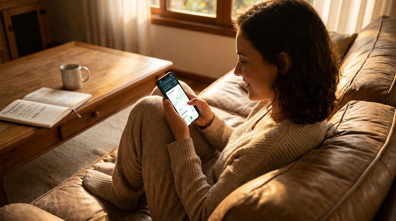 Pessoa consultando o app do Tesouro Direto no celular em casa, planejando investimentos