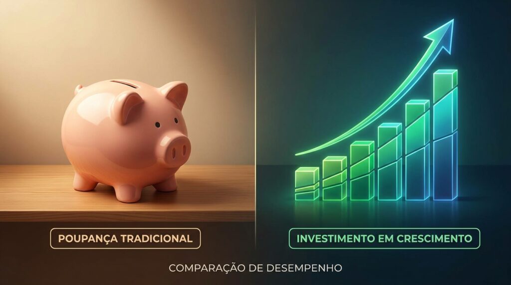 Comparação visual entre um cofrinho de poupança e um gráfico de crescimento representando o Tesouro