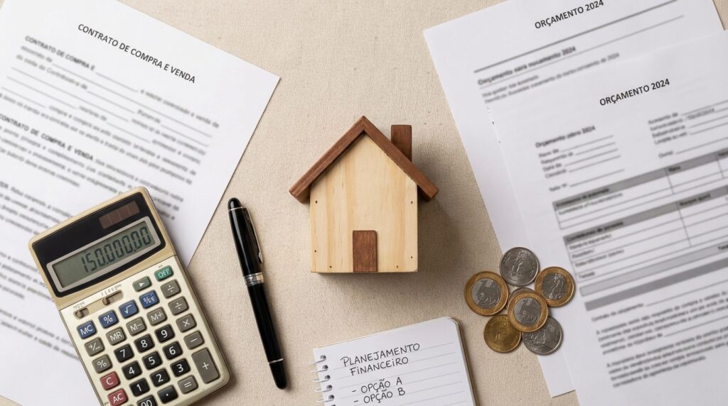 Miniatura de casa sobre uma mesa ao lado de documentos e uma calculadora representando os tipos de crédito habitacional