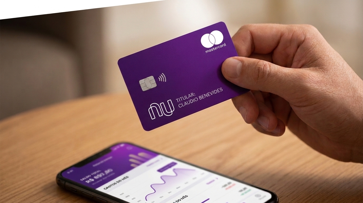 Mão segurando cartão de crédito Nubank roxo perto de celular com aplicativo aberto