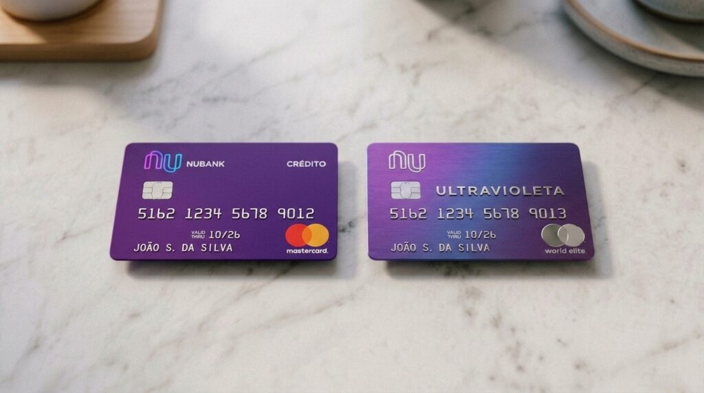 Dois cartões de crédito lado a lado, um roxo e um preto, representando versões padrão e premium